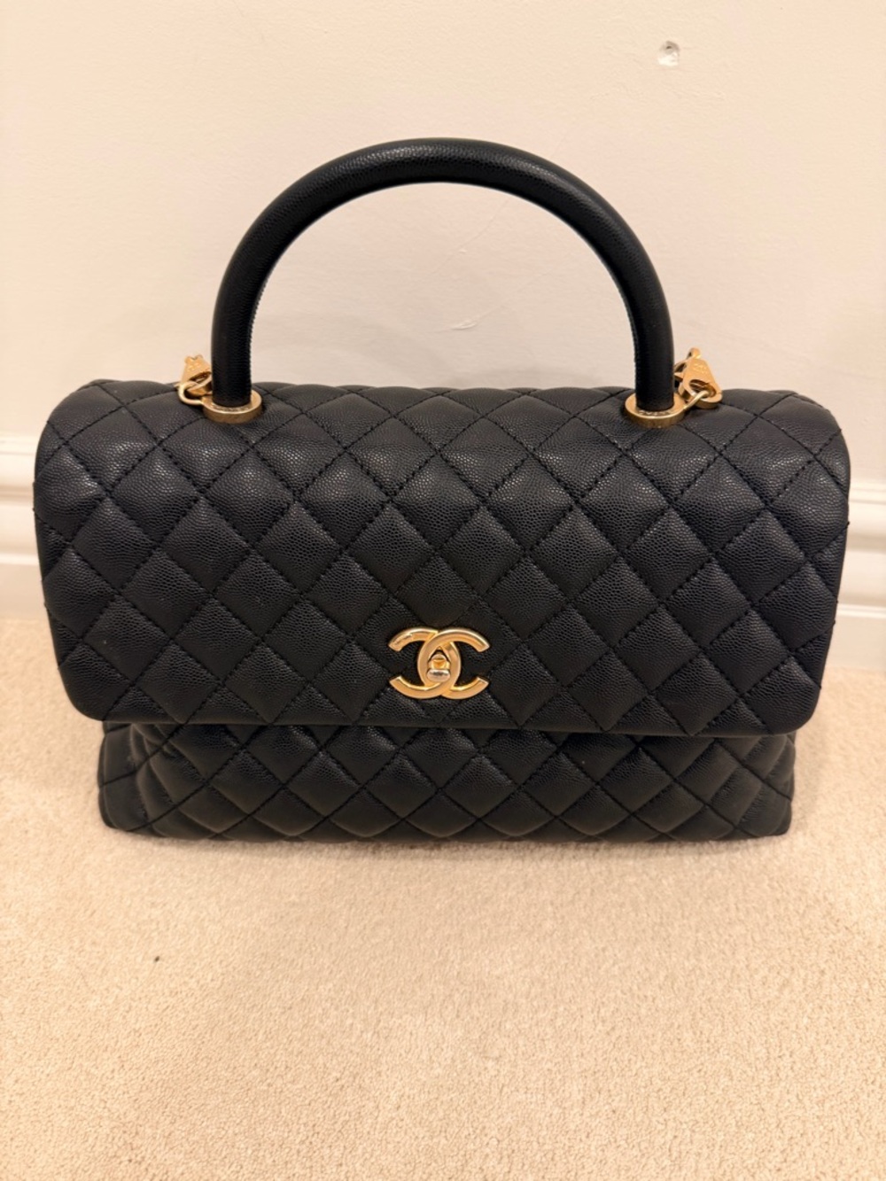 CHANEL Black Quilted Caviar Top Handle Bag with Gold CC Hardware